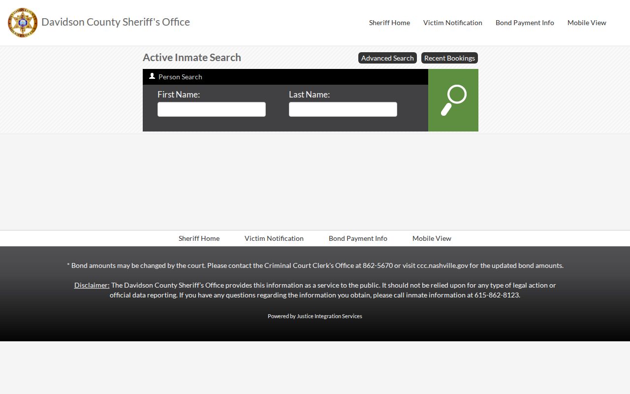 Davidson County active inmate arrest search and disclaimer