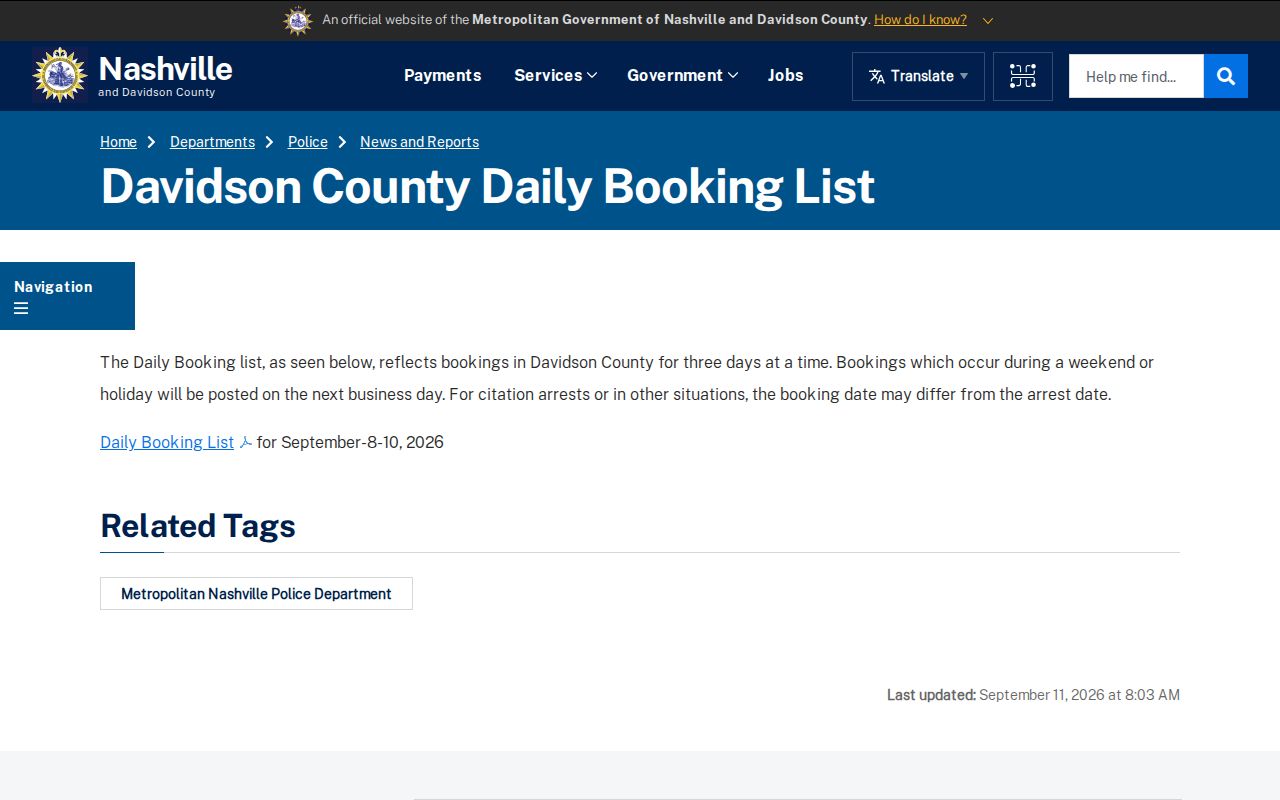 Davidson County three-day arrest log publication rules